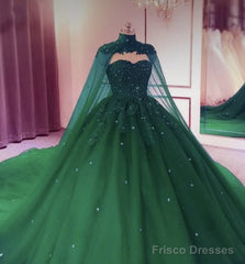 Tulle Ball Gown Emerald Green Quinceanera Dresses Crystals With Cape Free