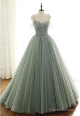Tulle Ball Gown Long Prom Dresses With Beading,Evening Dresses,Charming Dance Dress