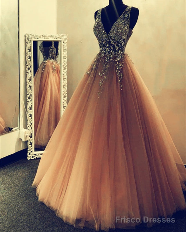 Tulle Ball Gown Prom Dresses Beaded V Neck