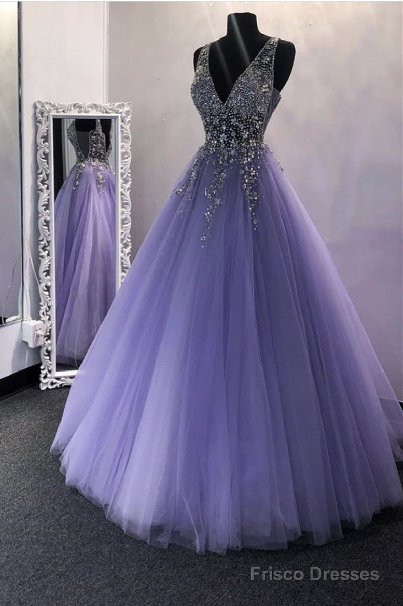 Tulle Ball Gown Prom Dresses Beaded V Neck