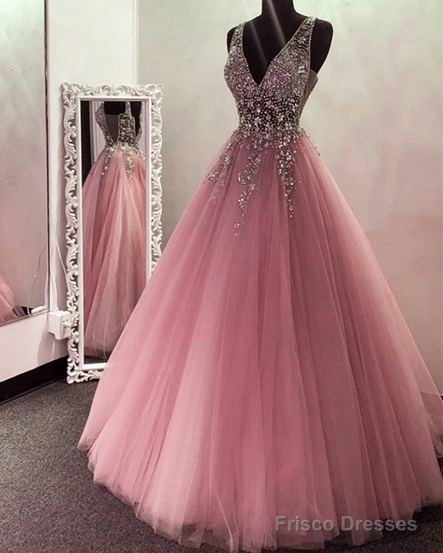 Tulle Ball Gown Prom Dresses Beaded V Neck Main image