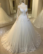 Tulle Ball Gown Wedding Dress Lace Long Sleeves