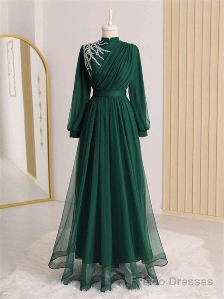 Tulle Beaded Evening Dresses Long Sleeve Formal Party Prom Gown Main image