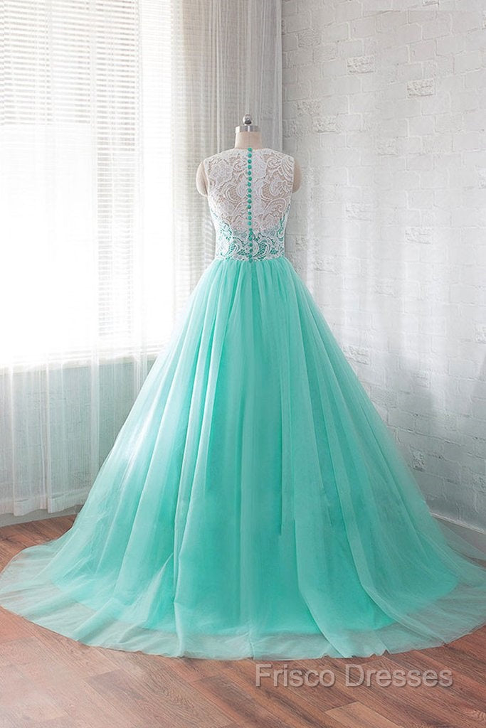Tulle Buttons Lace Long Green Round Neck Formal Prom Dress