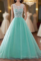 Tulle Buttons Lace Long Green Round Neck Formal Prom Dress