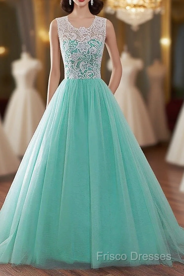 Tulle Buttons Lace Long Green Round Neck Formal Prom Dress