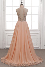 Tulle & Chiffon High Neck Formal Dress With Beading