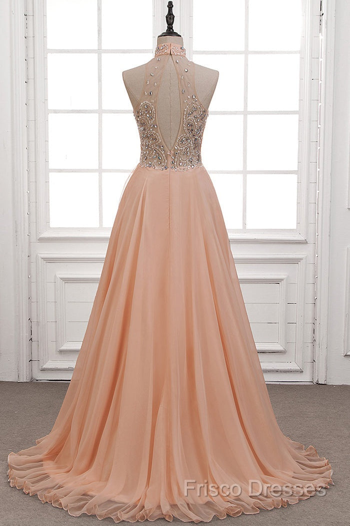 Tulle & Chiffon High Neck Formal Dress With Beading