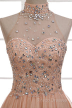 Tulle & Chiffon High Neck Formal Dress With Beading