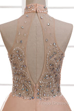 Tulle & Chiffon High Neck Formal Dress With Beading