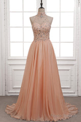 Tulle & Chiffon High Neck Evening Dresses With Beading