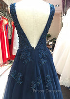 Tulle Dark Navy Formal Prom Dress A-Line/Princess V-Neck Long/Floor-Length With Beaded Appliqued