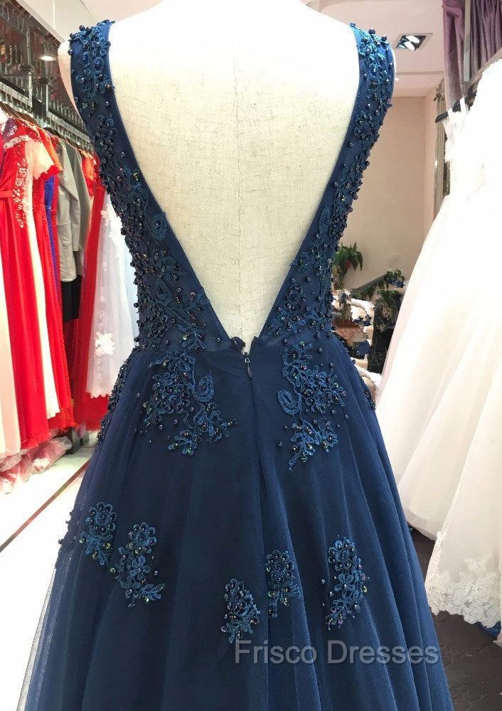 Tulle Dark Navy Formal Prom Dress A-Line/Princess V-Neck Long/Floor-Length With Beaded Appliqued
