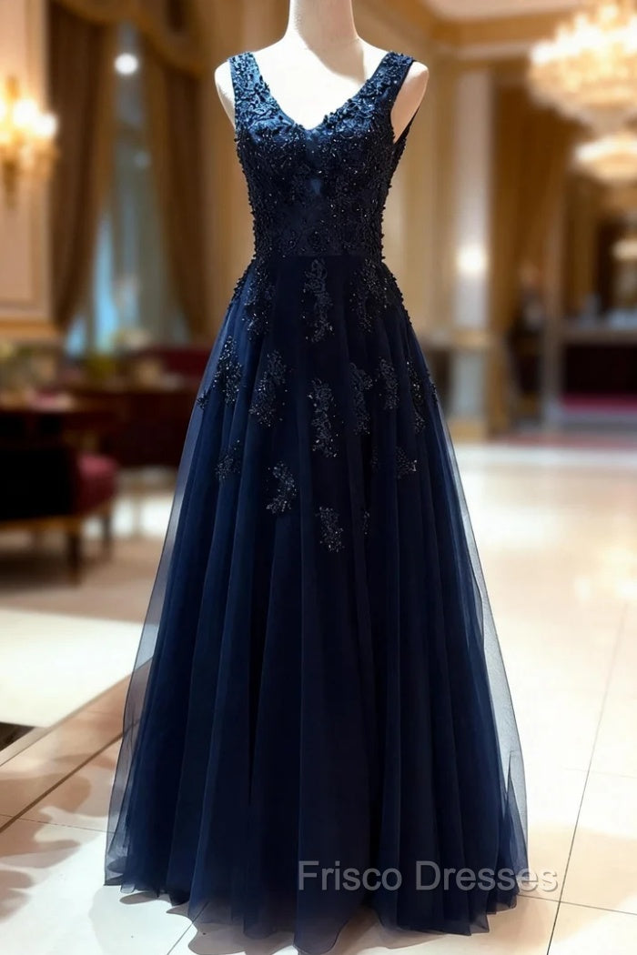 Tulle Dark Navy Formal Prom Dress A-Line/Princess V-Neck Long/Floor-Length With Beaded Appliqued Main image