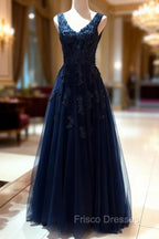 Tulle Dark Navy Formal Prom Dress A-Line/Princess V-Neck Long/Floor-Length With Beaded Appliqued