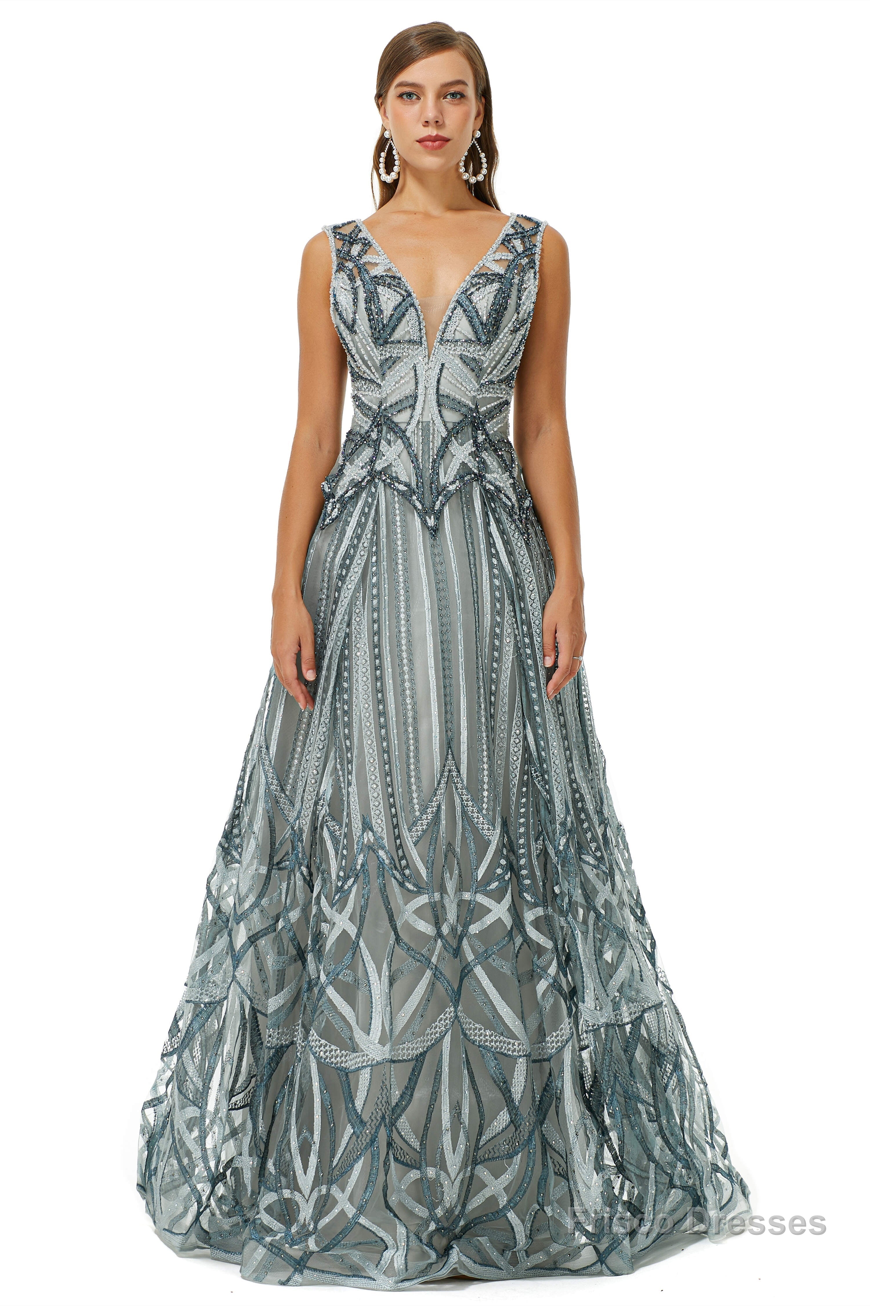 Tulle Deep V-neck Beading Prom Dresses Main image