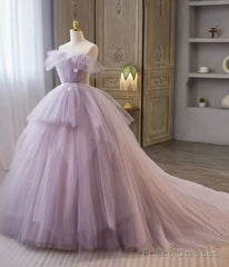 Tulle Floral Ball Gown Princess Lavender Prom Dress
