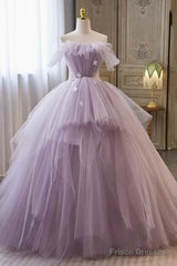 Tulle Floral Ball Gown Princess Lavender Prom Dress