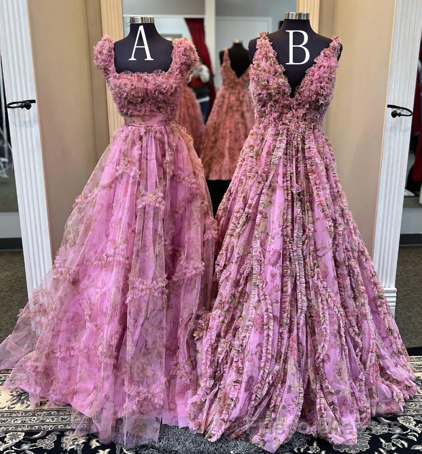 Tulle Floral Print Long Prom Dress with Ruffle Embellishments Main image