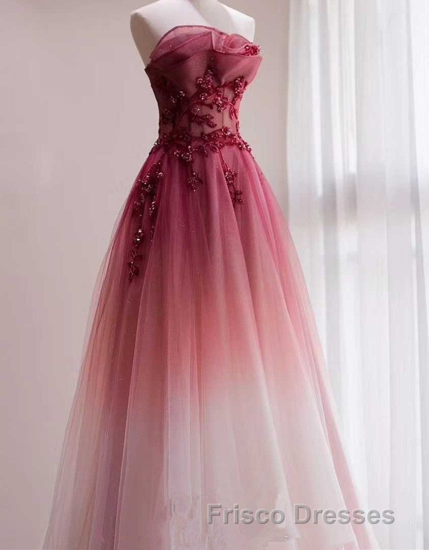 Tulle Gradient with Beaded Long Party Dress, A-line Gradient Formal Prom Dress
