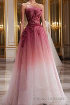 Tulle Gradient with Beaded Long Party Dress, A-line Gradient Formal Prom Dress