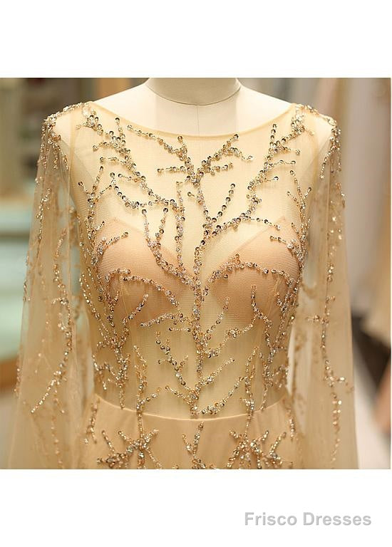 Tulle Jewel Long Sleeve Gold Beading Prom Evening Dress