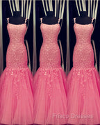Tulle Lace Appliques Mermaid Formal Prom Dress Spaghetti Straps