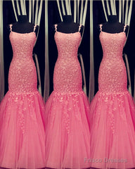 Tulle Lace Appliques Mermaid Prom Dresses Spaghetti Straps