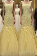 Tulle Lace Appliques Mermaid Formal Prom Dress Spaghetti Straps