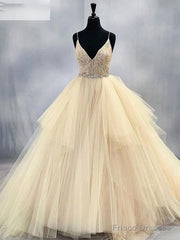 Tulle Lace Beading V-Neck Spaghetti Straps Sleeveless Floor-Length Ball Gown Prom Dress Wedding Dress