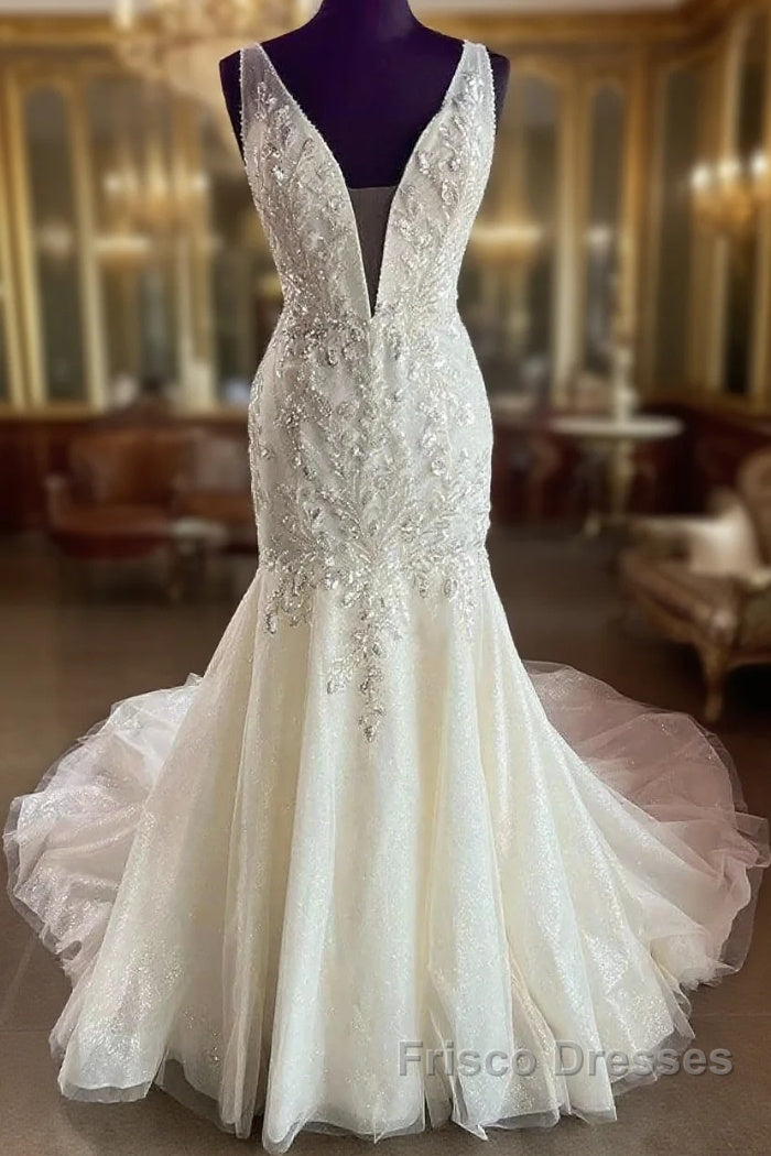 Tulle Lace Plunge V Long Wedding Dress Main image
