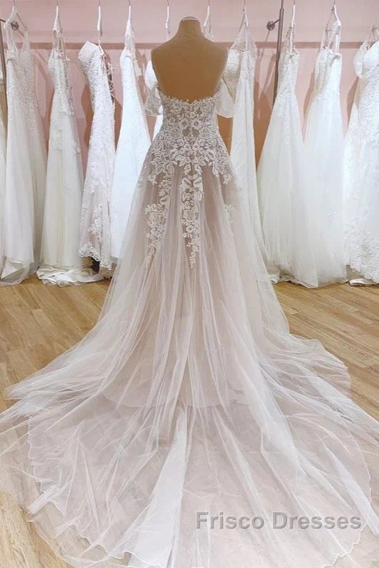 Tulle Lace Wedding Dress Off The Shoulder A-Line Bridal Dress With Sweep Train Elegant