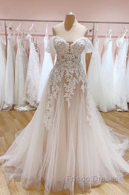 Tulle Lace Wedding Dress Off The Shoulder A-Line Bridal Dress With Sweep Train Elegant