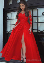 Tulle Long/Floor-Length A-Line/Princess Full/Long Sleeve Sweetheart Zipper Prom Dresses With Appliqued