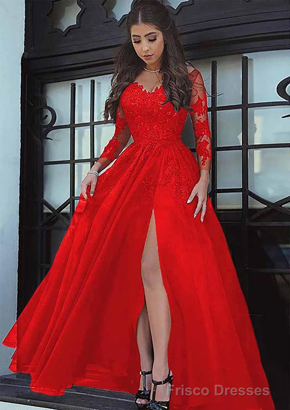 Tulle Long/Floor-Length A-Line/Princess Full/Long Sleeve Sweetheart Zipper Prom Dresses With Appliqued
