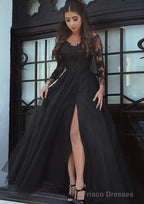 Tulle Long/Floor-Length A-Line/Princess Full/Long Sleeve Sweetheart Zipper Prom Dresses With Appliqued