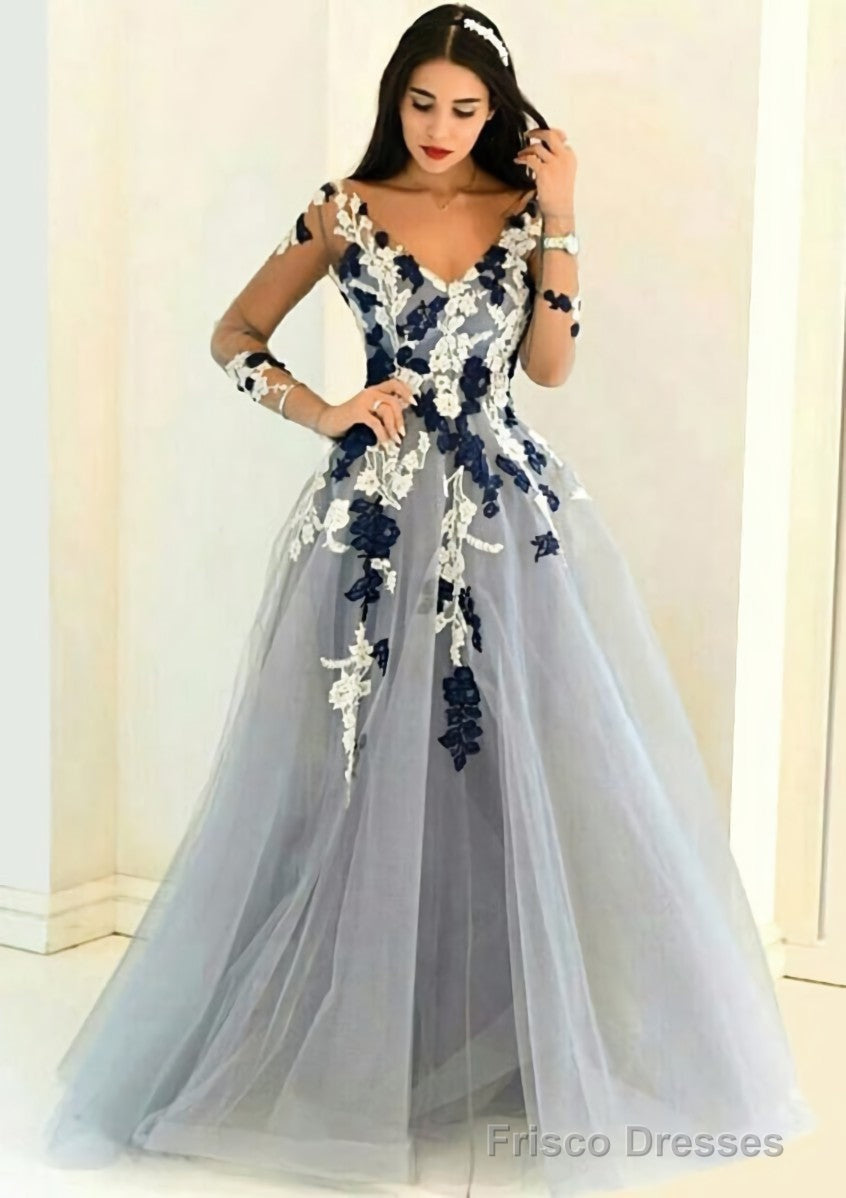Tulle Long/Floor-Length A-Line/Princess Full/Long Sleeve V-Neck Zipper Evening Dresses With Appliqued Main image