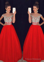 Tulle Long/Floor-Length A-Line/Princess Sleeveless Bateau Zipper Prom Dresses With Beaded