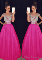 Tulle Long/Floor-Length A-Line/Princess Sleeveless Bateau Zipper Prom Dresses With Beaded
