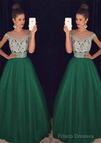 Tulle Long/Floor-Length A-Line/Princess Sleeveless Bateau Zipper Prom Dresses With Beaded