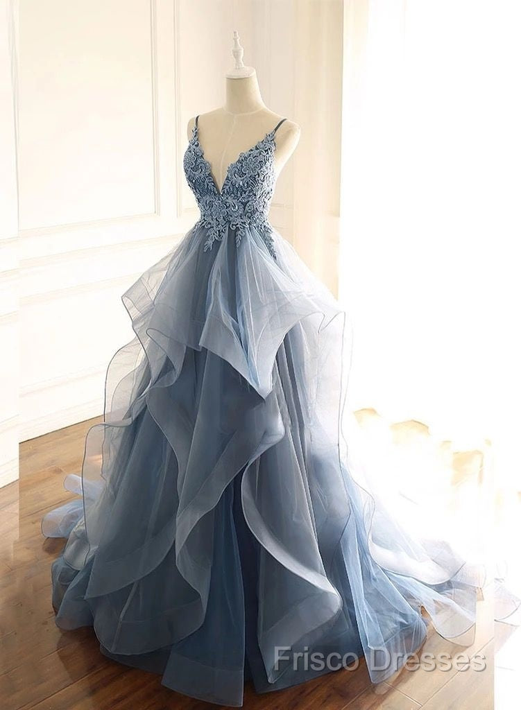 Tulle Long Formal Prom Dress With Spaghetti Straps And Ruffled Floor Length Skirt