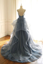 Tulle Long Formal Prom Dress With Spaghetti Straps And Ruffled Floor Length Skirt