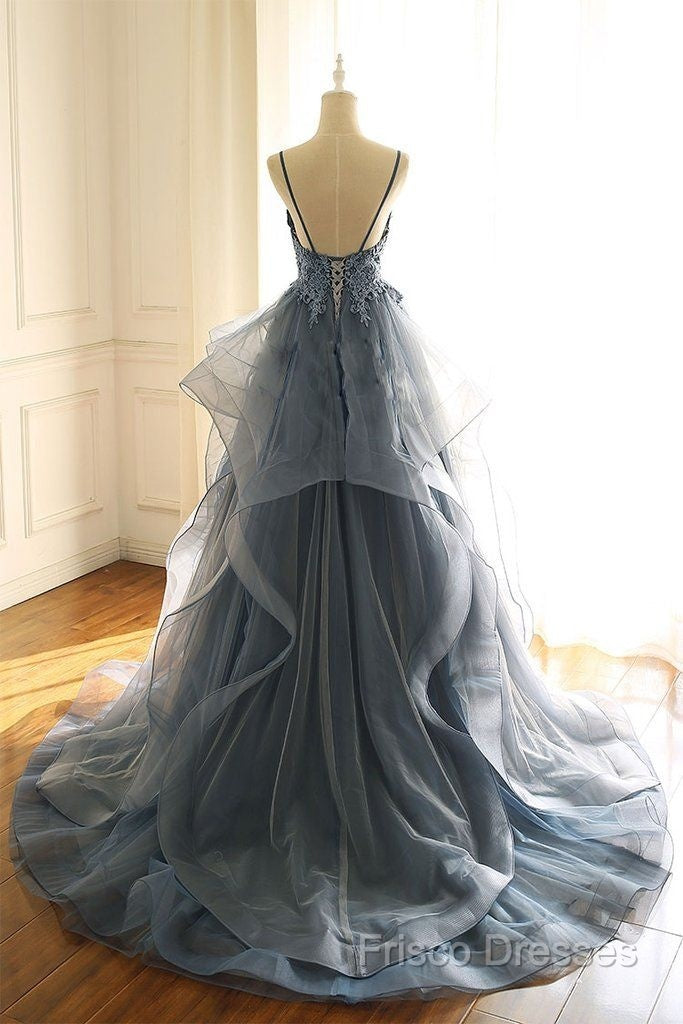 Tulle Long Formal Prom Dress With Spaghetti Straps And Ruffled Floor Length Skirt