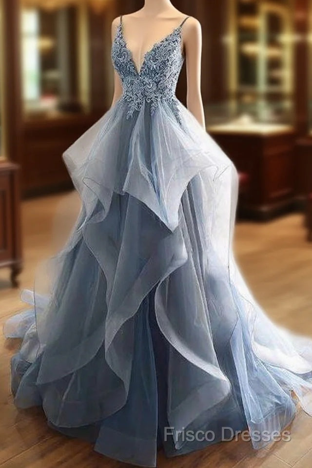 Tulle Long Formal Prom Dress With Spaghetti Straps And Ruffled Floor Length Skirt Main image