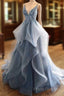 Tulle Long Formal Prom Dress With Spaghetti Straps And Ruffled Floor Length Skirt