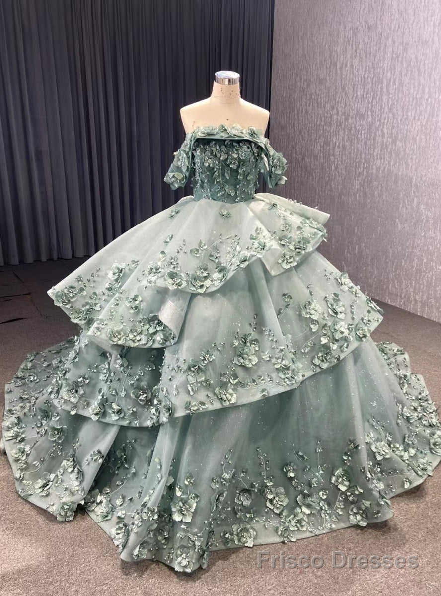 Tulle Off the Shoulder 3D Appliques Tiers Prom Dress Main image