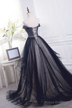 Tulle Pleats Black Off The Shoulder Long Prom Dress