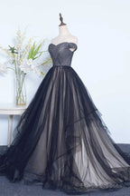 Tulle Pleats Black Off The Shoulder Long Prom Dress