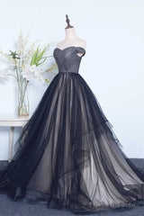 Tulle Pleats Black Off The Shoulder Long Prom Dress