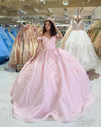 Tulle Princess Off Shoulder Long Formal Prom Dress, Long Strapless Pink Flower Appliqu¨¦S Evening Dress